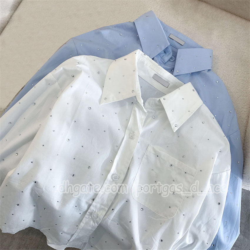 Designer Women White Cropped Shirts Letters Embroidered Rhinestone T Shirt Long Sleeve Short Lapel Tops Blouse