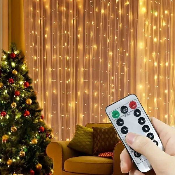 8 Modes USB Curtain Lights 3X3M Remote Controlled 300 Led Lights for Bedroom and Holiday Decor (Warm)C250110