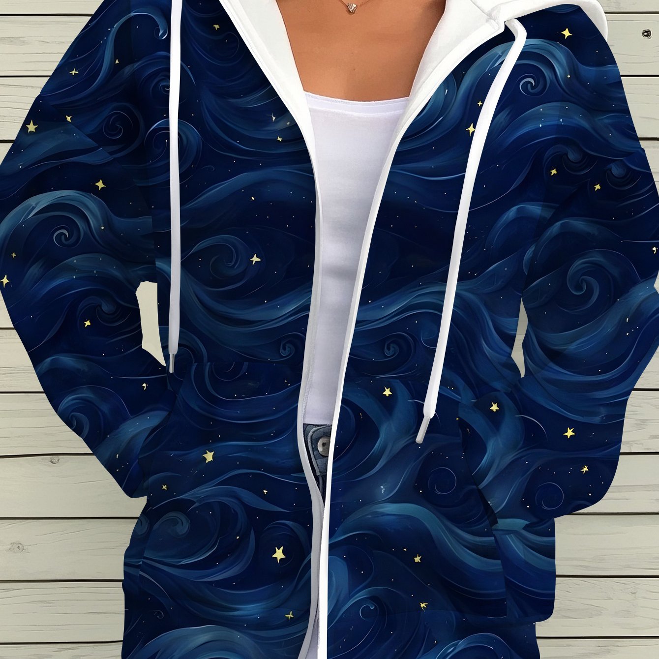 TEMU Women's Night Hooded Jacket - & Navy Blue Starry Night Coat With Full-zip Closure, Machine Washable Winter Outerwear For Casual & Formal Events,