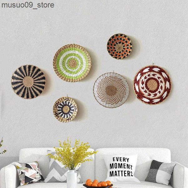 Decorative Plates Nordic Rattan Woven Plate Wall Hanging Straw Grass Weaving Round Wall Mounted Storage Tray Background Home Decoration 20-2