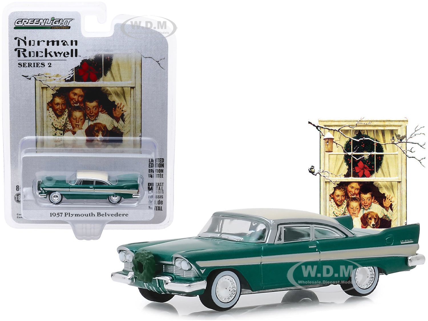 1957 Plymouth Belvedere with Wreath Accessory Green with Cream Top "Norman Rockwell" Series 2 1-64 Diecast Model Car by Greenlight