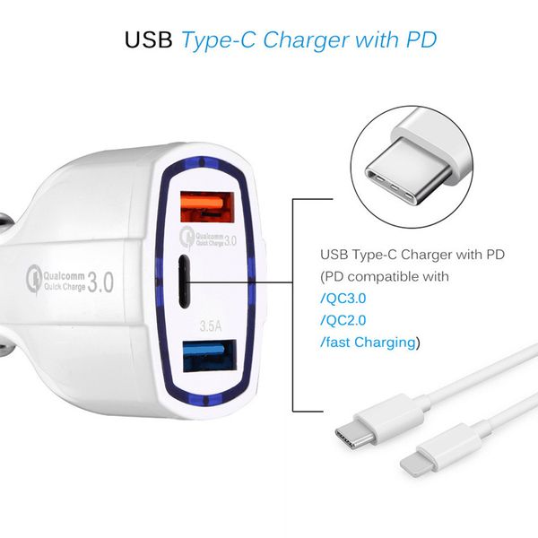 Type c PD Car Charger 3 in 1 Usb Ports Fast Quick Charging Auto Power Adapter 35W 7A Car Chargers For ipad iphone 12 13 14 15 16 Pro Samsung