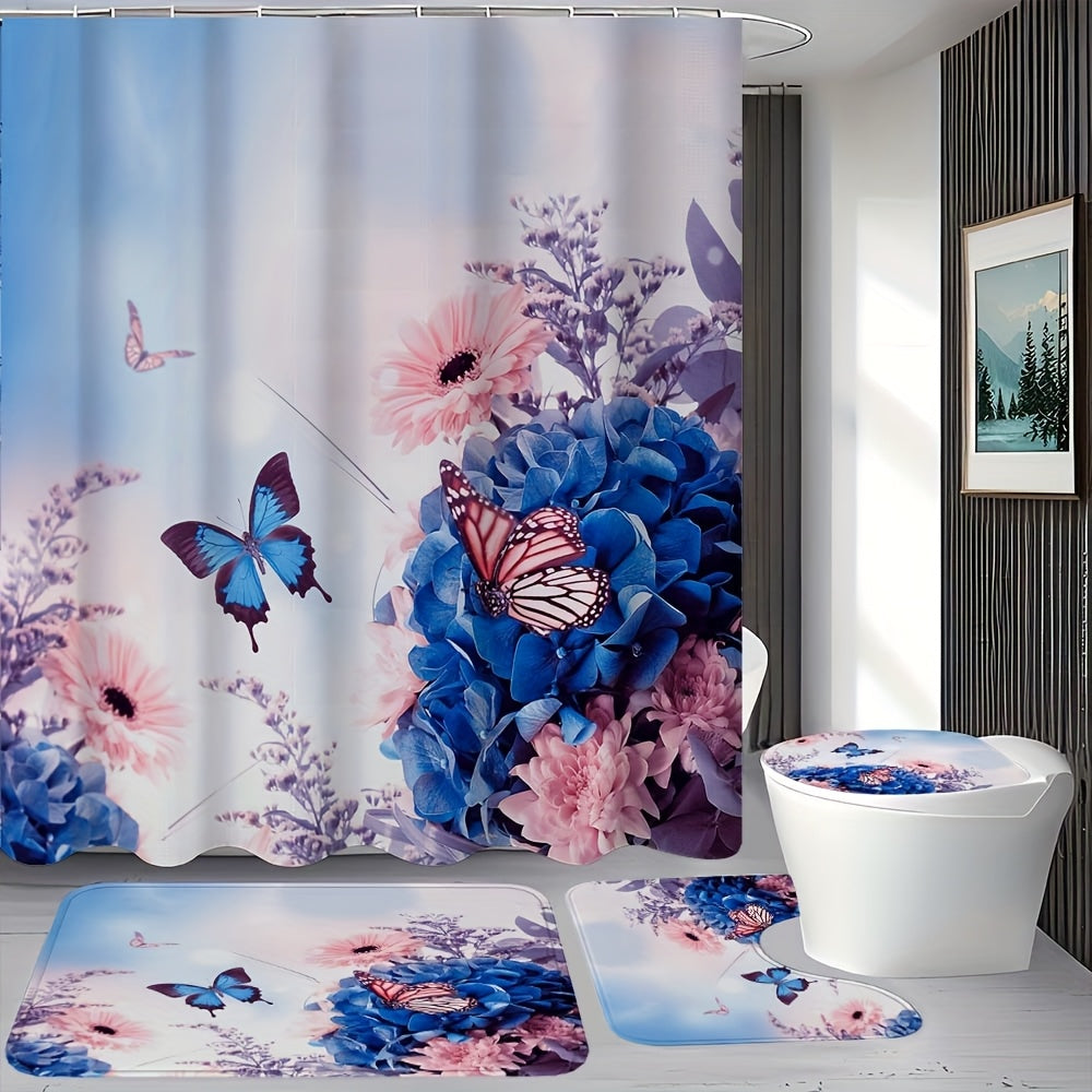 TEMU 1-4pcs Flower Pattern, Shower Curtain Set, With 12 Hook Shower Curtain, Non Slip Floor Mat, Toilet U-shaped Pad, Toilet Lid Pad, Bathroom Sets