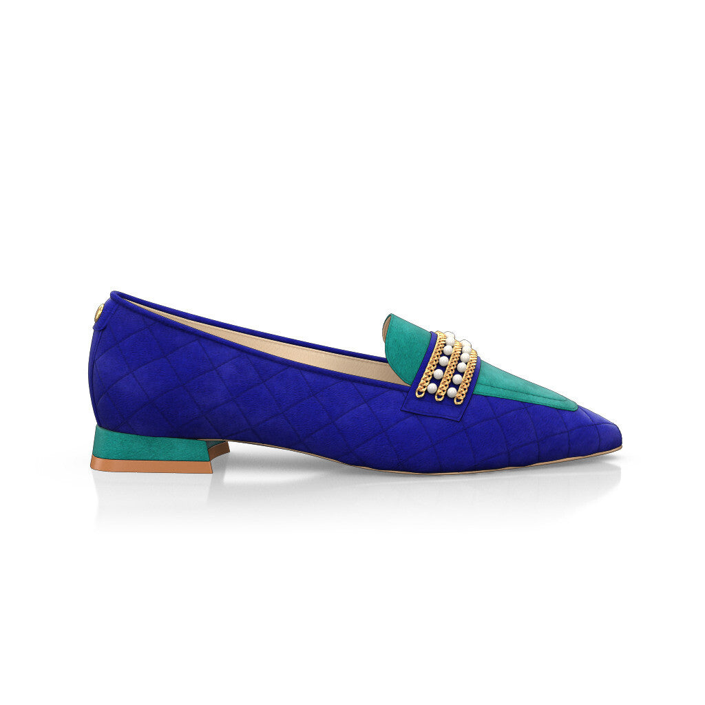 Chaussures plates pointues Femme Faites main en Italie en Daim Bleu Royal - Sur Mesure, Petit, Perles, Enfiler - GIROTTI