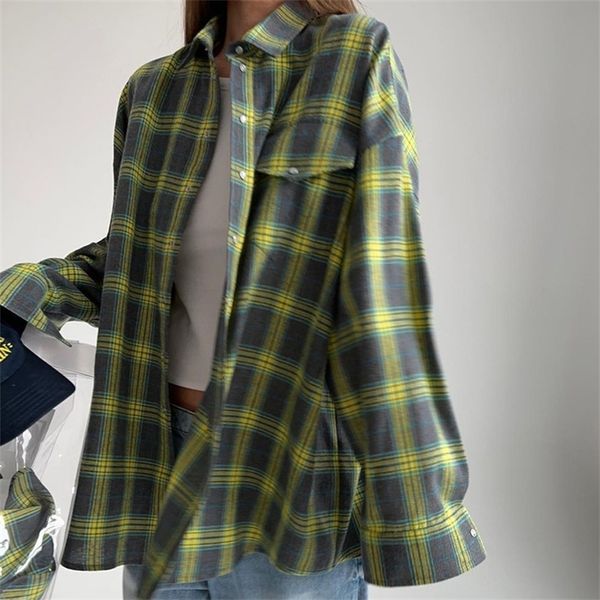 Retro Style Versatile Casual Collar Loose Shirt Autumn Plaid Cardigan Long Sleeved Pocket Fashionable Womens Shirt 240823
