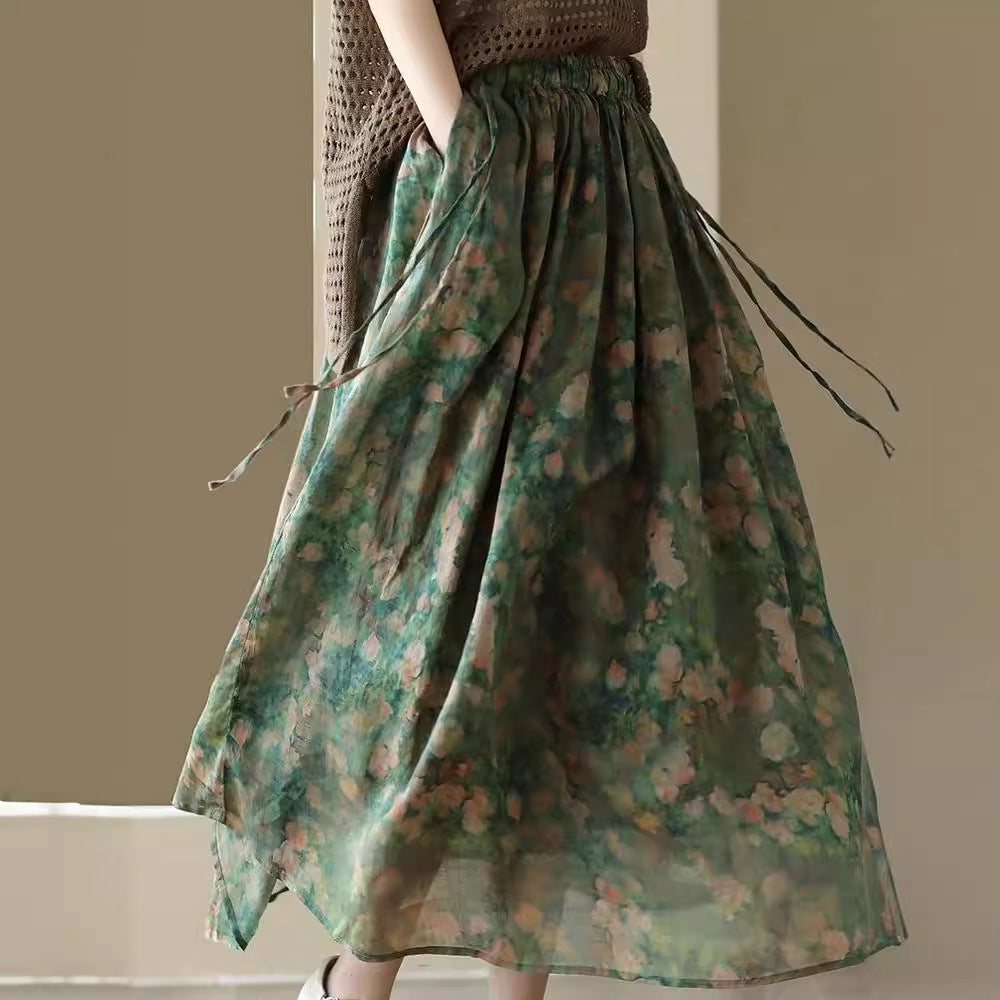 M041 Summer new style printed skirt elegant cotton and linen skirt ladies retro floral big swing skirt