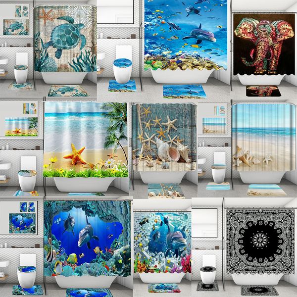 4Pcs-Set Bathroom Shower Curtain Toilet Mat Ocean Beach Starfish Shell Dolphin Sea Turtle Printed Waterproof Bath Mats Curtains with Non-Sli
