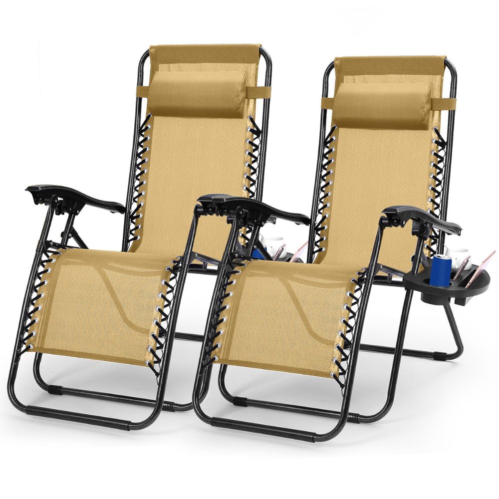 NewHome™ Zero Gravity Chairs with Cup Holders (Set of 2) - NewHome 2-Pack Zero Gravity Chair TAN