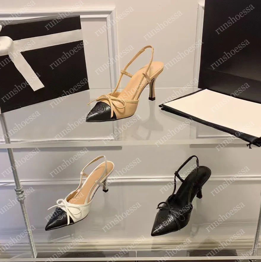 Designer Crystal Bow backless sandals Stiletto Heels Mesh Beige Black Veil Rhinestone Kitten Heels Ladies Luxury Lace-up Wedding Slingbacks Dress Sh