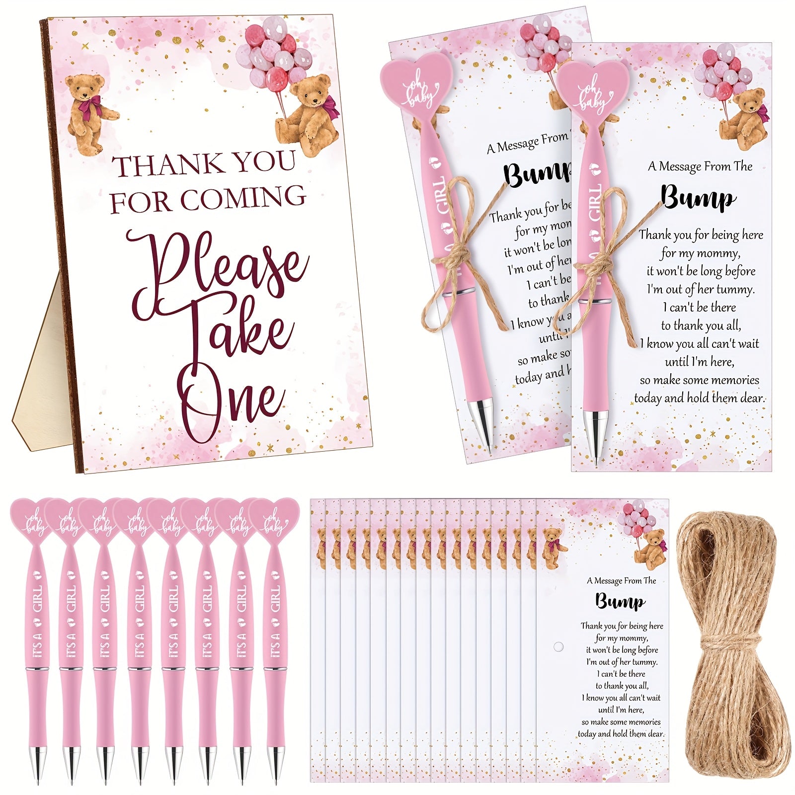 TEMU 50 Set Shower Favors For Guest 1 Sign 50 Heart Shaped Ballpoint Pens 50 Thank You Cards With Twine Shower Gender Reveal Party Return Gifts(pink,