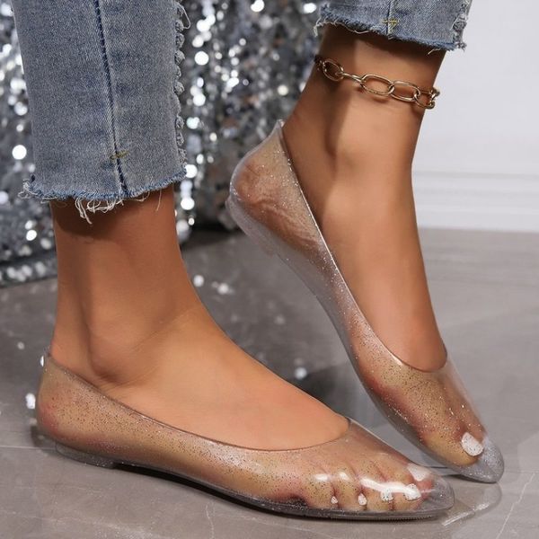 Casual Ladies Transparent Loafers Fine Glitter Shallow Mouth Footwear Solid Color Flat Large Size Pointed Toe Single Shoes 683c