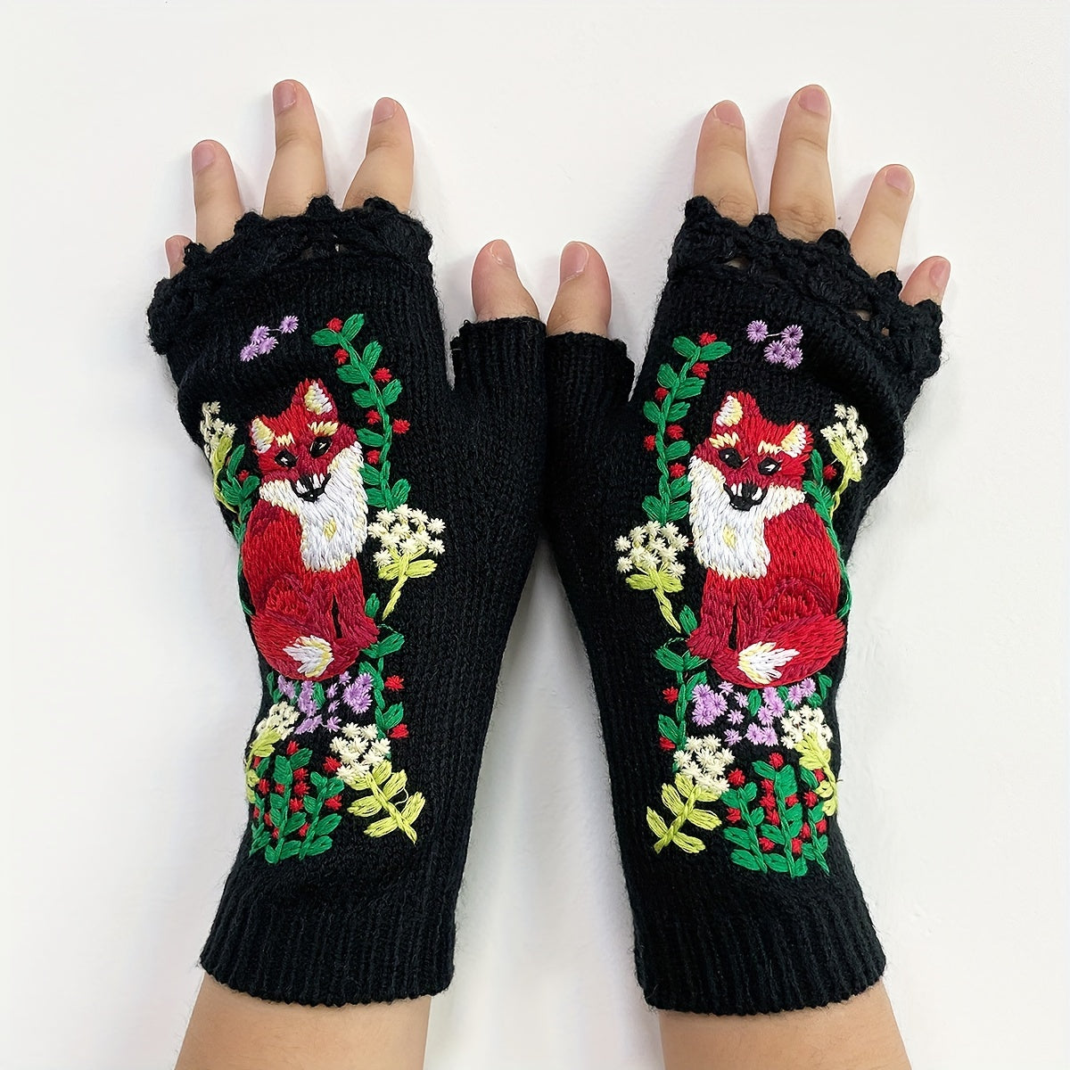 TEMU Vintage Fox Plant Embroidered Gloves Short Fingerless Knit Gloves Autumn Winter Coldproof Gloves