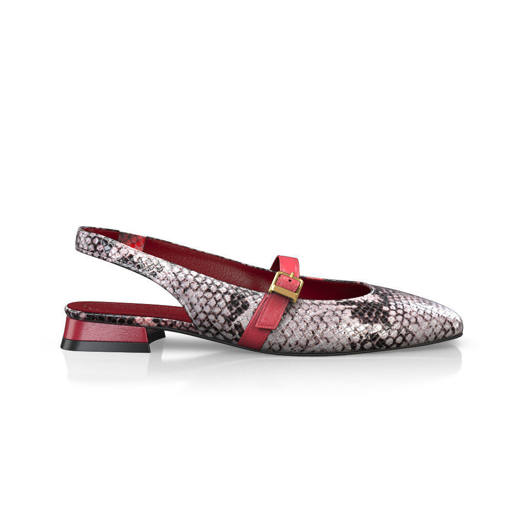 Babies slingback plates à petit talon carré Femme Faites main en Italie en Cuir Rouge &amp; Gris Imprimé animal - Sur Mesure, Petit, Boucles -