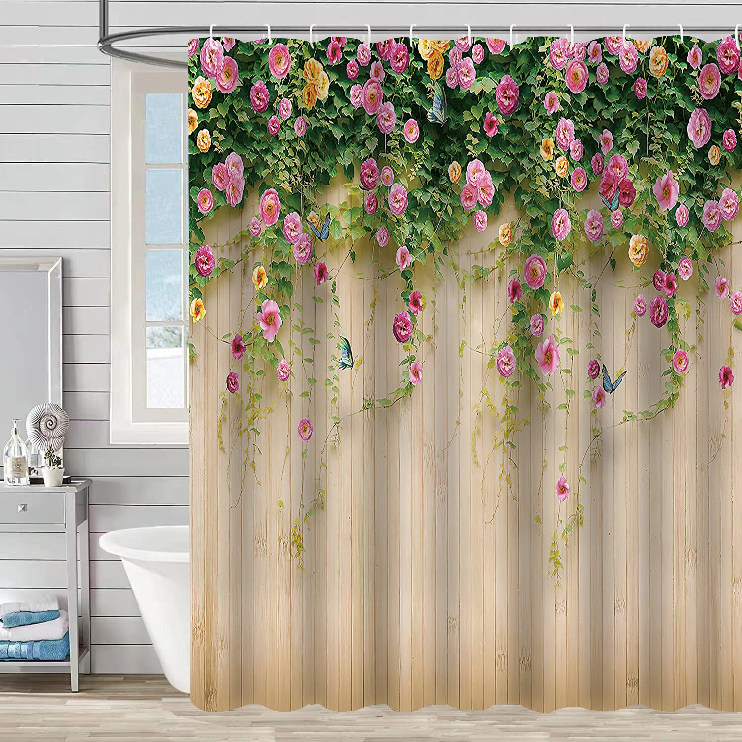 YL-37142 digital shower curtain cross-border plant flower waterproof polyester bathroom four-piece set dry and wet separation moisture-proof