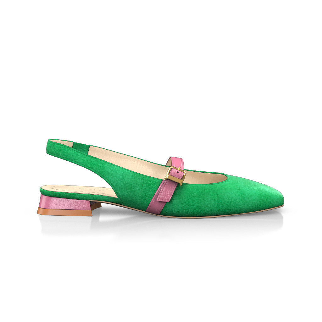 Babies slingback plates à petit talon carré Femme Faites main en Italie en Cuir Vert - Sur Mesure, Petit, Boucles, Enfiler - GIROTTI