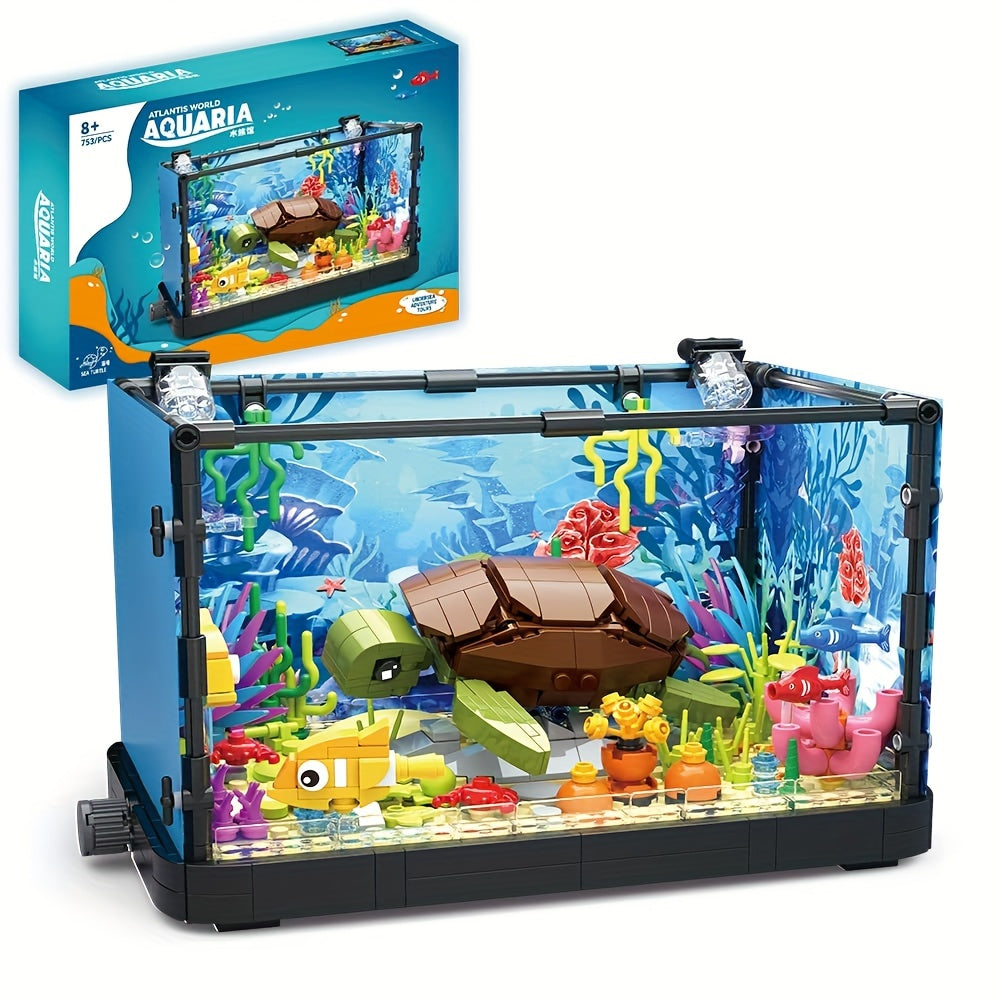 TEMU Fish Tank Building Block Set With Light, Aquarium, Marine Turtle, Building Block Toy, Gift, Home Decor Halloween, Christmas Gift