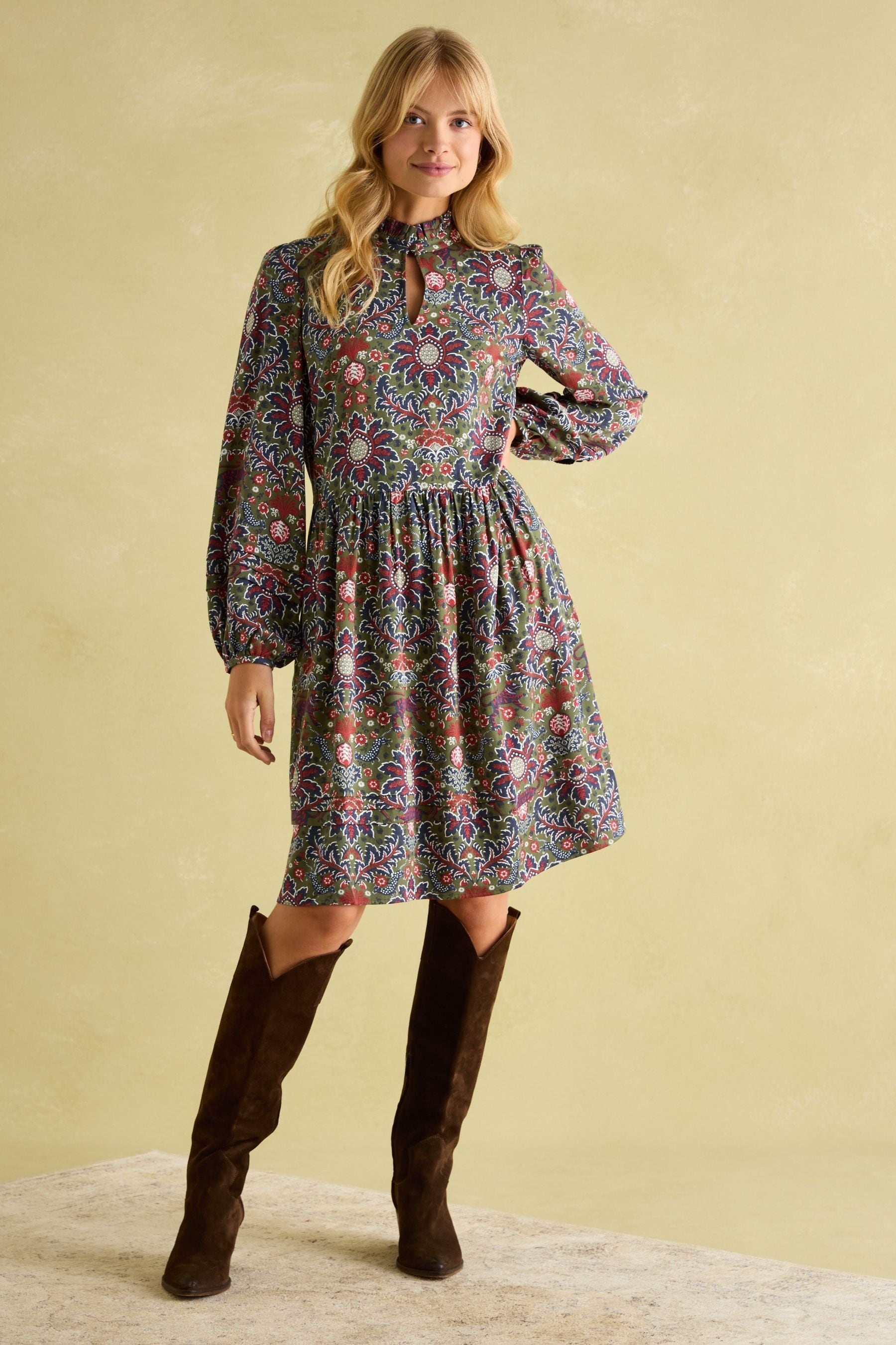 Joules - Petunia Khaki Green Frill Neck Dress Matron Inn
