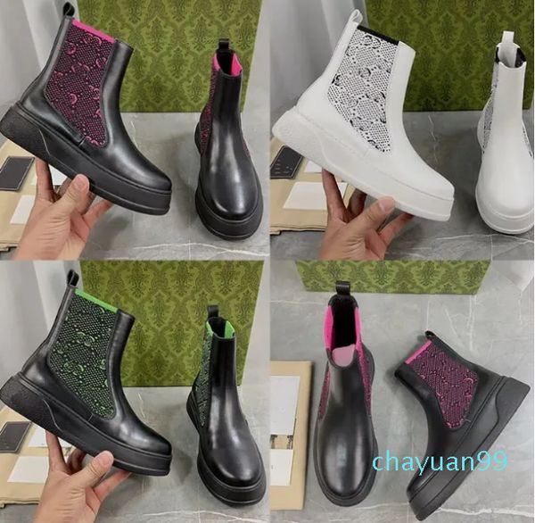 designer Knitted patchwork Chelsea boots womens Leather Stretch knitting outdoor Party Printed letter ankle boot ladys Elastic band platform