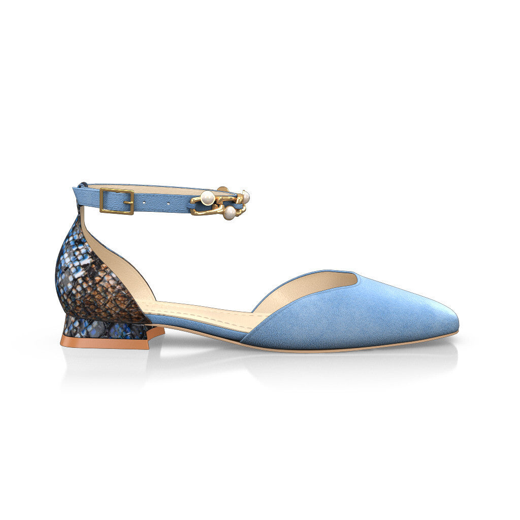 Sandales plates à bout fermé et bride cheville Femme Faites main en Italie en Cuir estampé Bleu Clair - Sur Mesure, Petit, Boucles, Boucle -