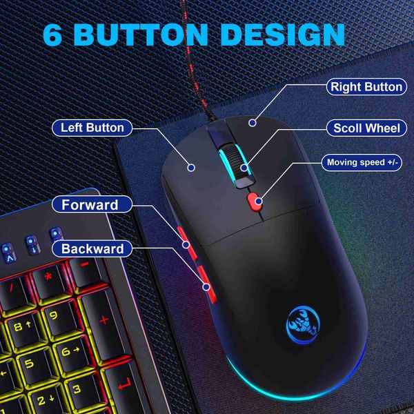 6 Keys Wired Gaming Mouse Adjustable 3600dpi 7 Colors RGB Comfortable Mice for Home Office Laptop Computer Gamer M240725