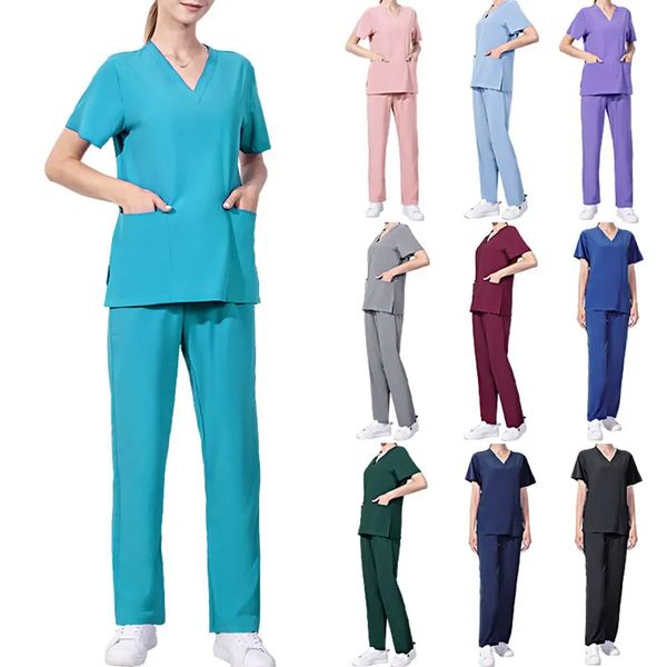 Summer Doctor Vneck Nurse Work Uniform Beauty Hospital Pet Dental Surgery Room Hand Washing Clothes Set Medic Women 240431