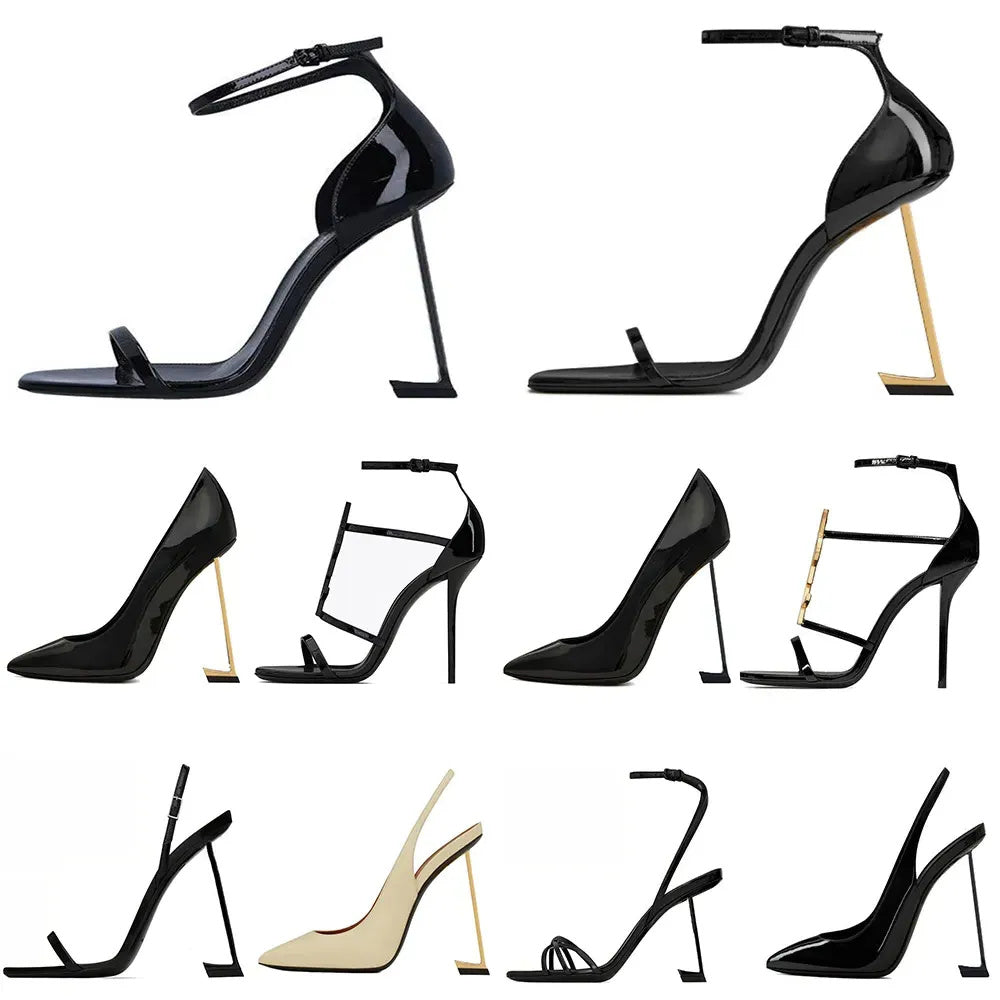High Heels Women Dress Shoes Patent Leather Slingbacks Triple Black Gold Silver Woman Lady Fashion Stiletto Heel Sandals Party Wedding Office Pumps