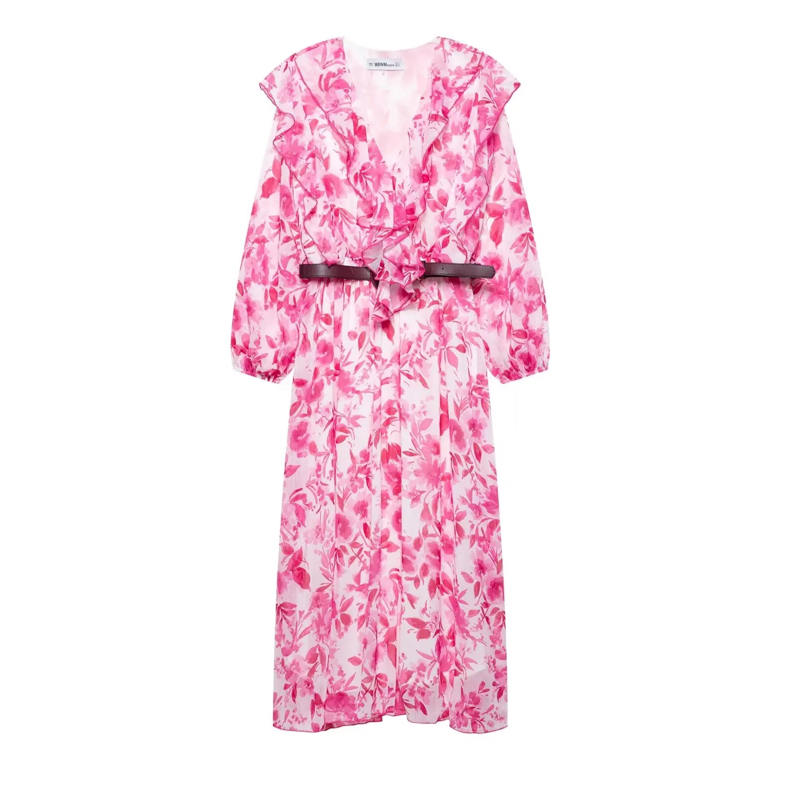 2025 New Women Fashion V Neck Cascading Ruffles Red Flower Print Casual Shirt Midi Dress Female Chic Belt Vestidos DS9028