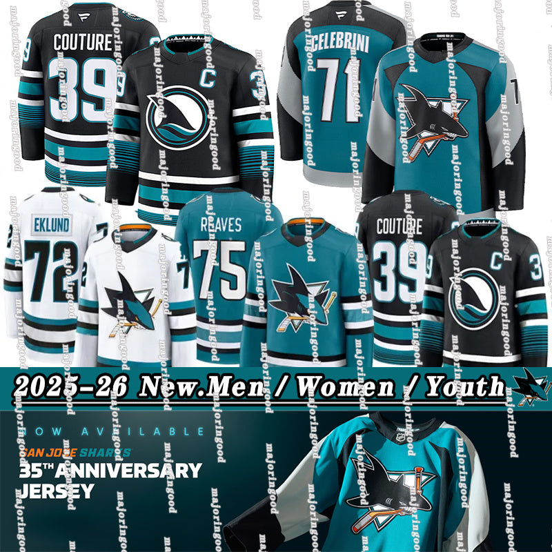 San Jose Shark Hockey Jerseys #71 Celebrini #39 Couture C #64 Granlund Will Smith Tyler Toffoli William Eklund Hockey Jerseys