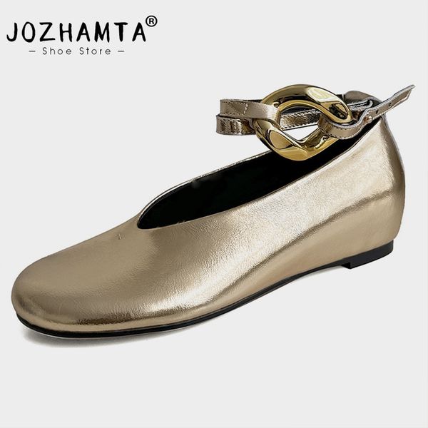 Size JOZHAMTA 34-40 Women Flats Real Leather Ins Fashion Buckle Ankle Strap Wedges Summer Shoes Casual Daily Office Lady 3f98