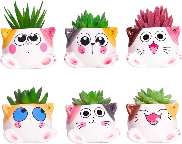 Cute Succulent Pots Cat Planters Animal Ceramic Flower Pots Cartoon Cactus Plant Pots Set of 6