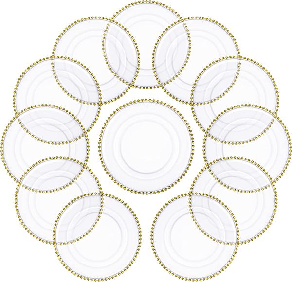 European Style Creative Transparent Glass Plate Round Gold Rim Bead Cushion Plates Fruit Western Dinner Set Dishes Gift