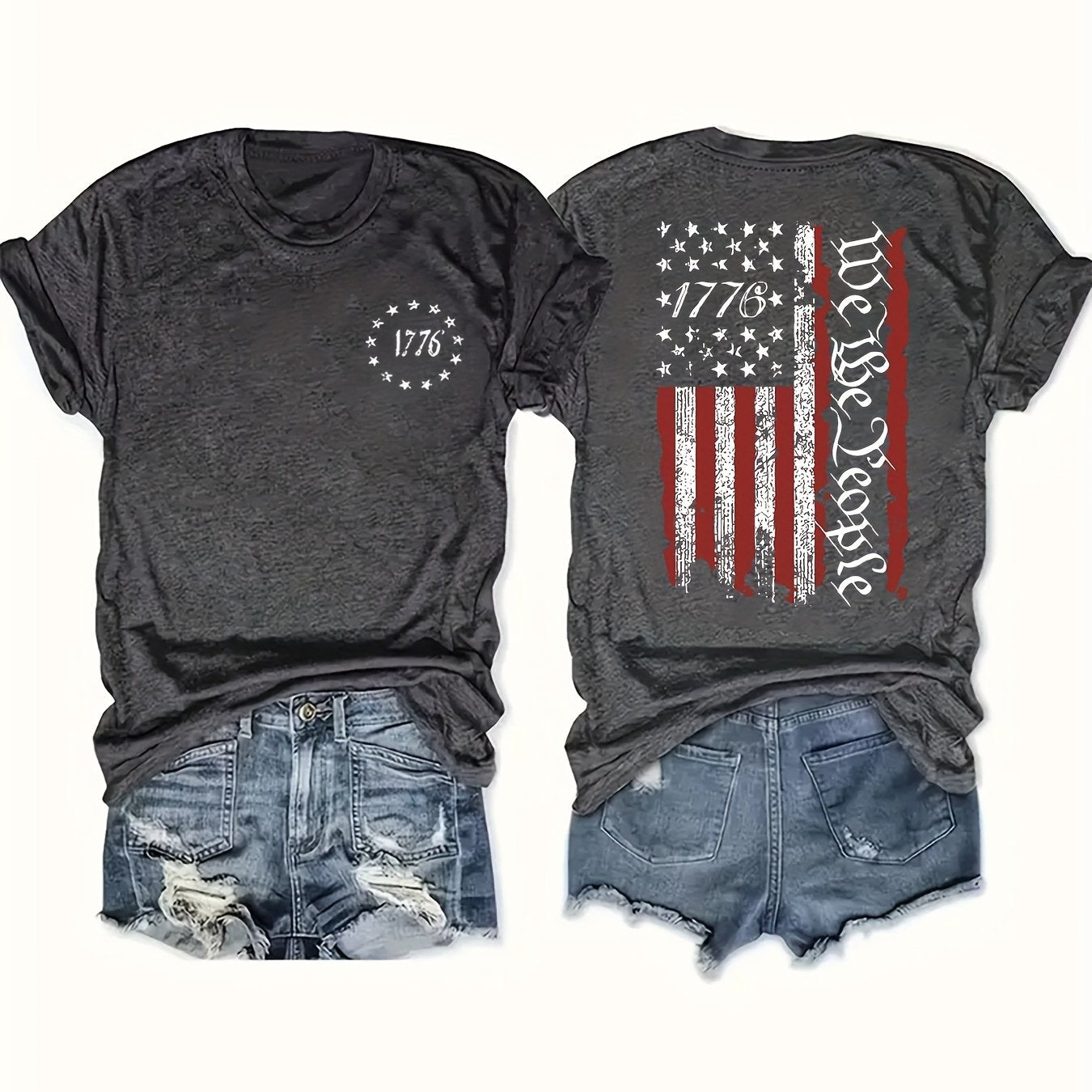 TEMU Women's Patriotic 1776 Stars & Stripes Letter Print T-shirt - Short Sleeve Crew Neck Casual Top, Black With Accents, Regular Fit For Summer &