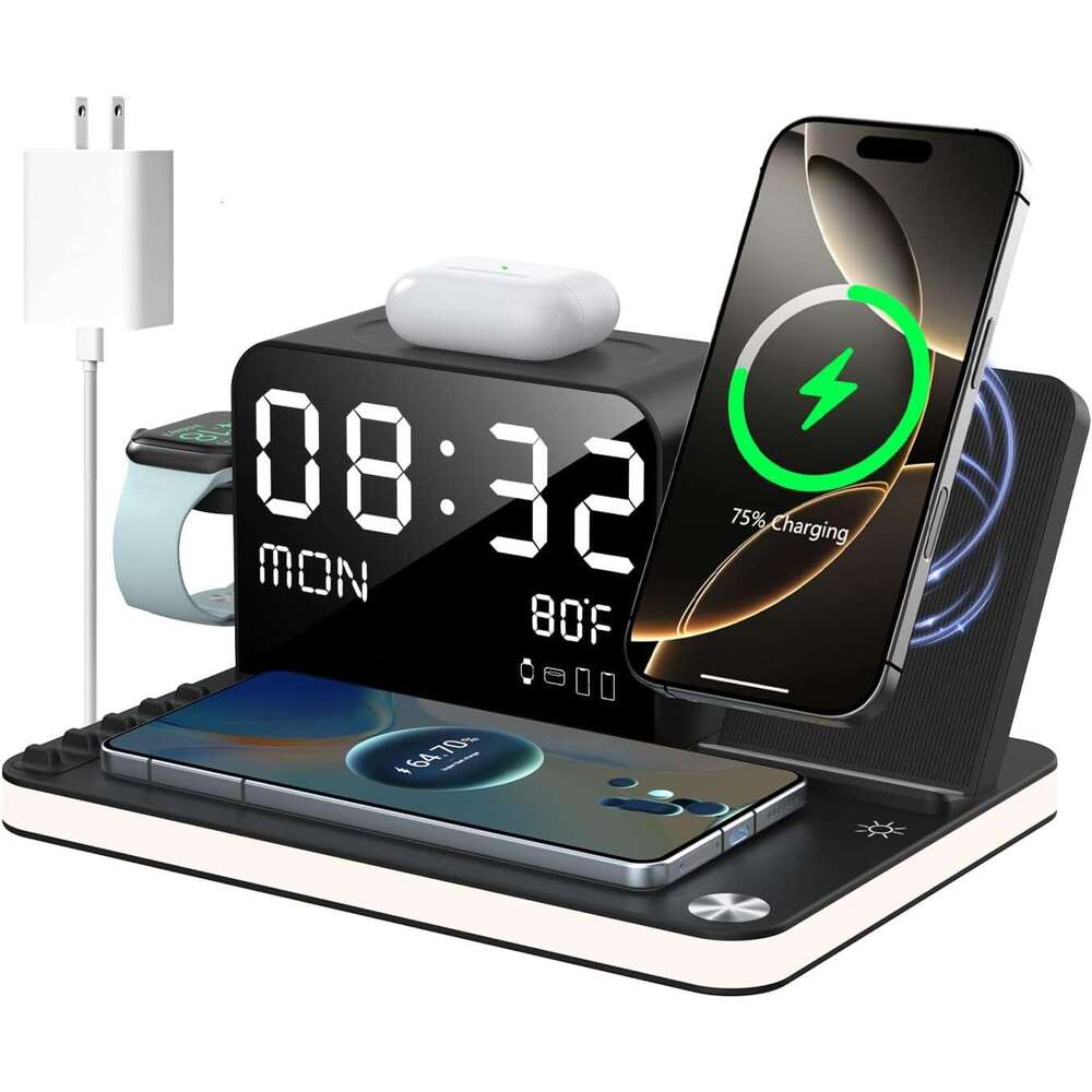 DHGadgets 7 in 1 Wireless Charging Station, Fast Charger Station with Dual iPhone, Bluetooth TimeSync, Night Light,33W Adapter for iPhone 16-15-14-1