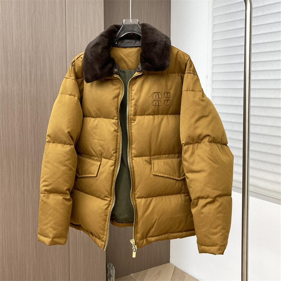 Designer Down Jacket Fashion Classic Short Warm Down Jacket Lapel Fur Collar Classic Women Casual Retro Down Jacket