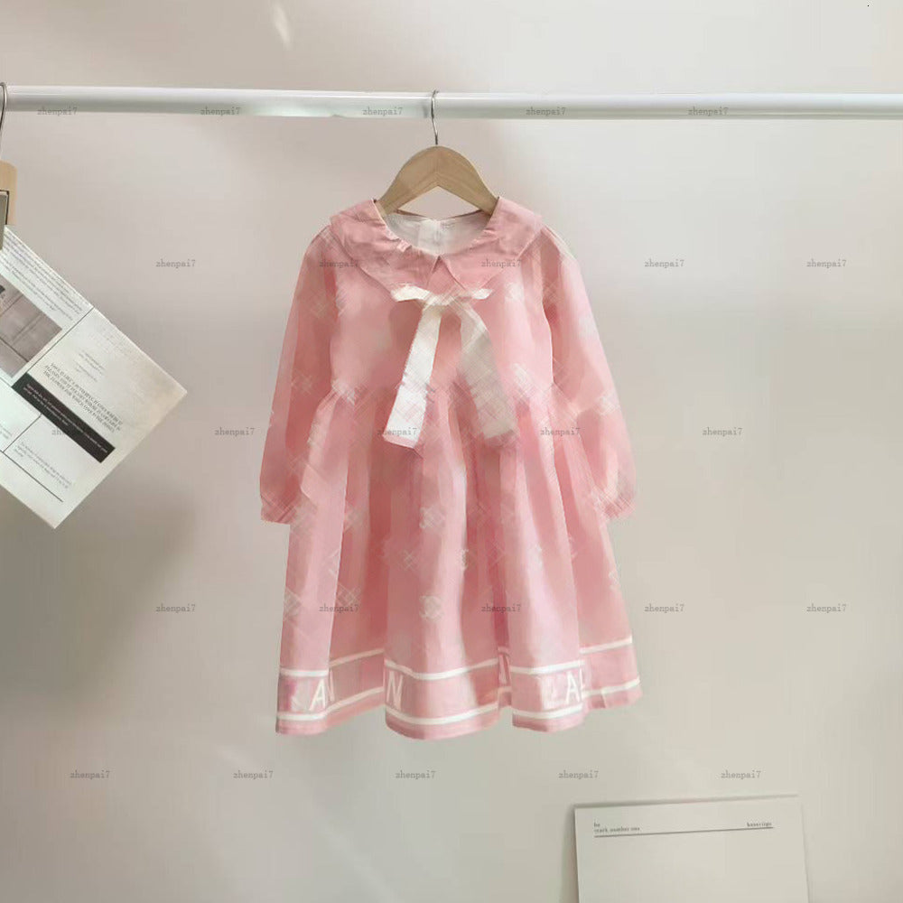 Top Doll collar girls dress Necktie scarf design princess dress kids designer clothes autumn partydress baby skirt A202X06N052