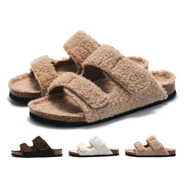 Custom Winter Fur Sandals For Ladies Outdoor Flat Women Cork Slide Shoes Plush Slippers Daily Wear