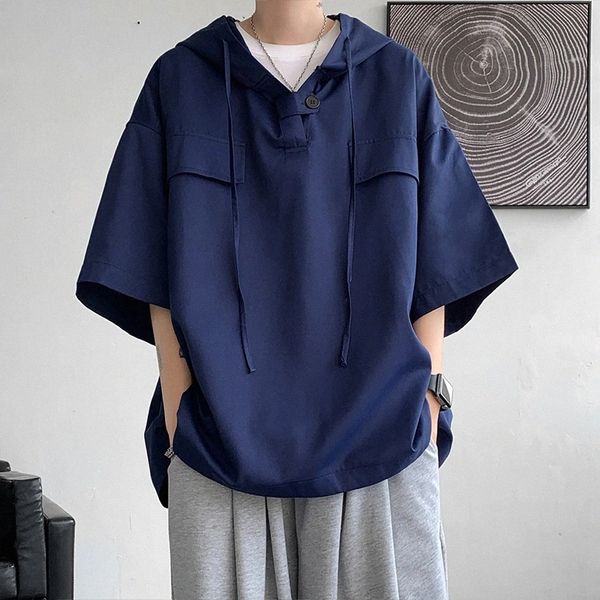 5 Colors Summer Hooded T shirt Men Korean Half Sleeve Pullover Streetwear Loose T-shirt Tops Drawstring Men Clothing 5XL-Mjtul#