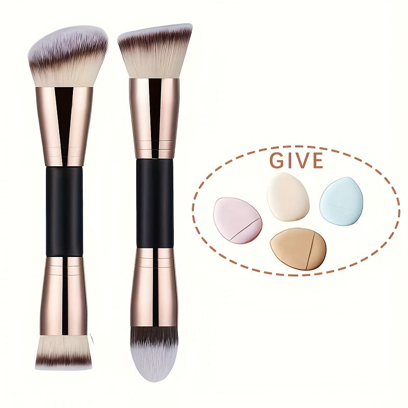 TEMU 2 High-end Double-headed Makeup Brushes (flat-slanted-slanted Round-conical Top), With Soft Bristles Suitable For Liquid Bb Cream, Polishing