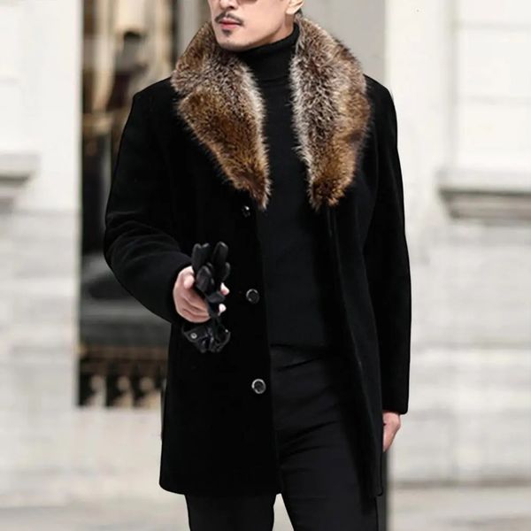 Men&#039;s Wool Blends Men Woolen Coat Faux Fur Collar Men Outwear Solid Color Single-breasted Men Jacket Autumn Winter Windbreaker Jacket f