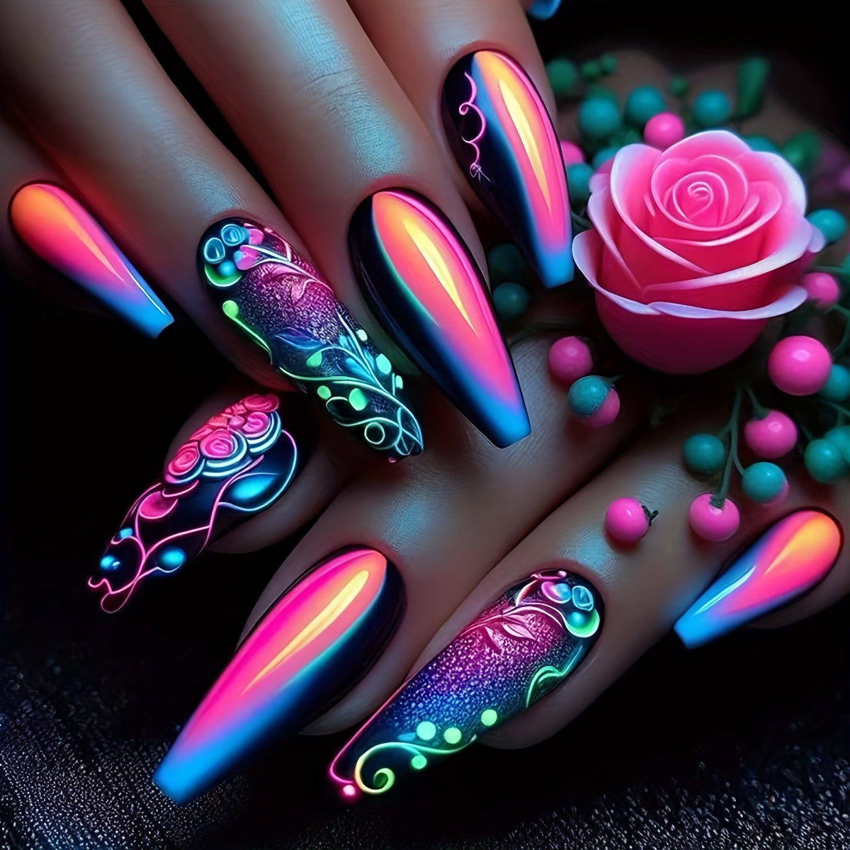 TEMU 24pcs Ballet-shaped Press-on Nails - & Pink Ombre Glossy Fake Nails With Swirl & Stripe Designs, Medium Length Removable Artificial Nails For