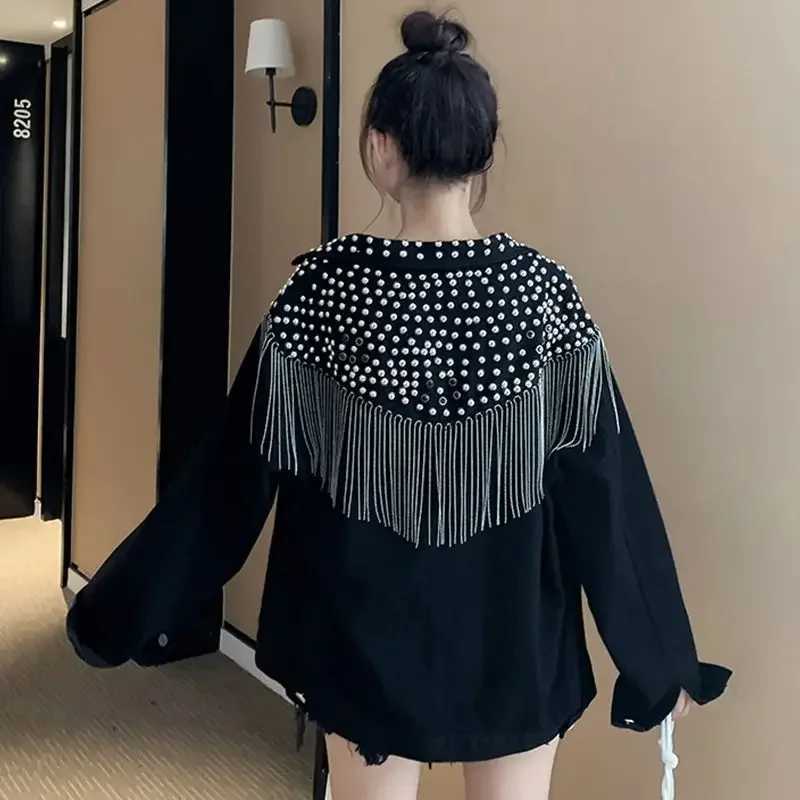 Patchwork Womens Denim Jackets Outerwears Spring Autumn Studded Biker Blue Female Jeans Coat Black Fringe Designer Deals New InX240920