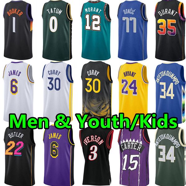 Men Youth Kids Basketball Jerseys Stephen Curry James Giannis Antetokounmpo Devin Booker Kevin Durant Jayson Tatum Ja Morant Bryant