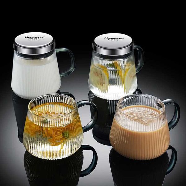 Glass cup milk cup oatmeal breakfast cup microwave heated coffee cup household tea cup with lid thickened water cup mugXJ241205
