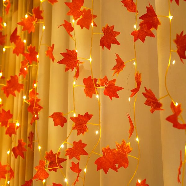 LED light string maple leaf vine simulation autumn decoration festival arrangement small colored lights USB copper wire curtain lights