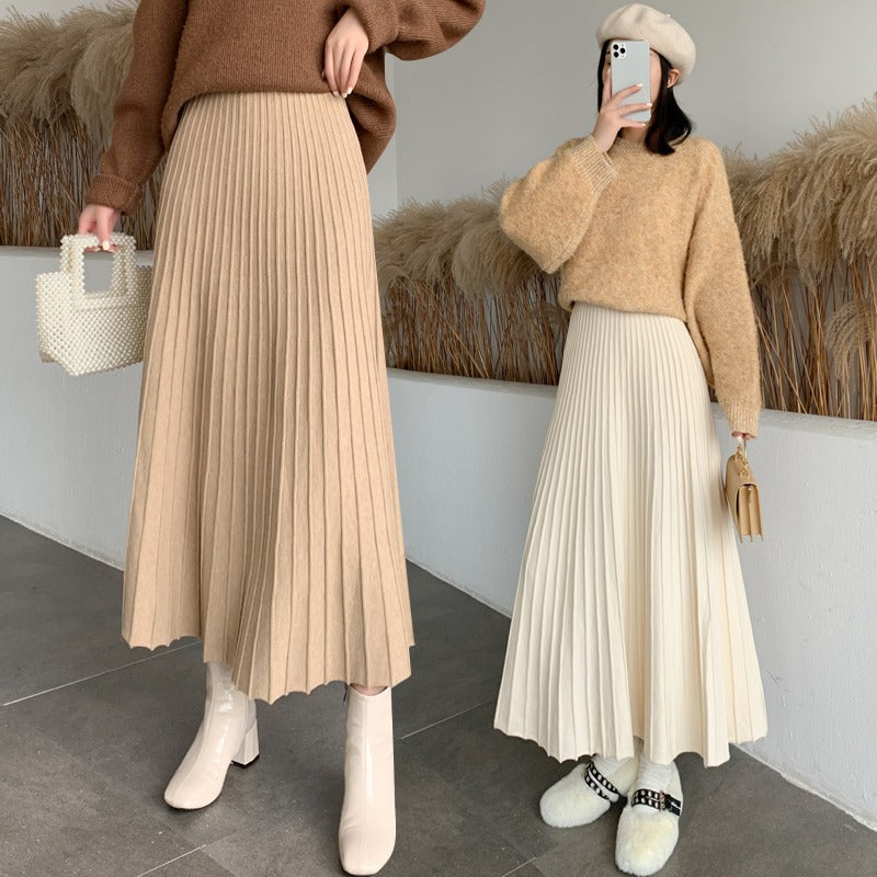 2025 thickened knitted skirt, hip-covering long skirt, autumn and winter new high-waisted A-word big swing skirt, thin large-size skirt for women
