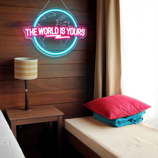 The world is your neon sign carving planet LED neon sign for office weddings men cave games room wall decoration birthday gifts X241028