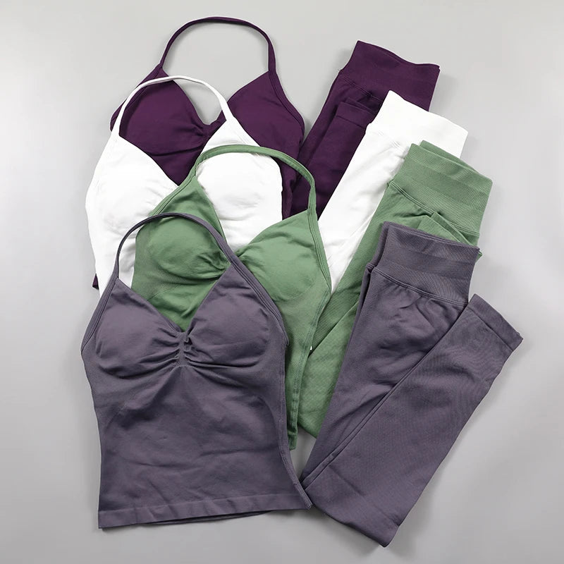 2pcs Gym Set Women Padded Tank Tops Longline High Waist Scrunch Seamless Yoga Leggings Fitness Clothes Workout Sets Gym Suit Activewear Tracksuit Pa