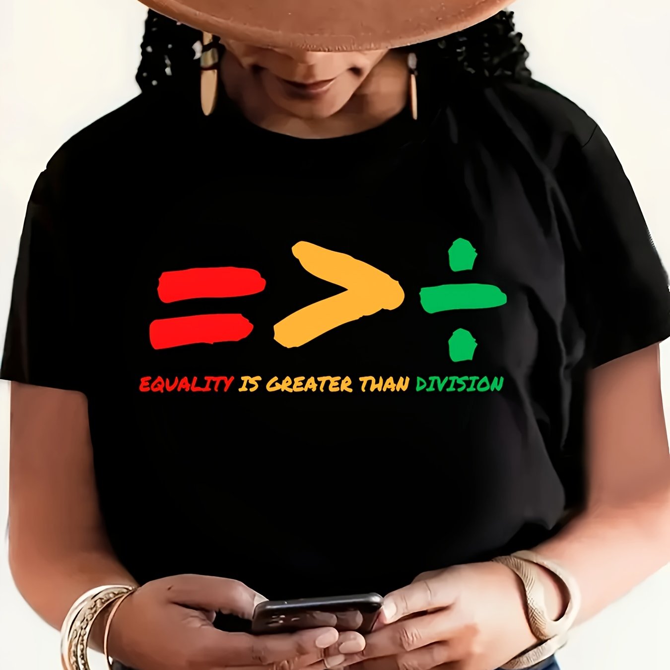 TEMU Plus Size - Women's Black History Month Graphic T-shirt - " Is Than Division" Design, Casual Short Sleeve Crew Neck Top, Soft Polyester Blend,