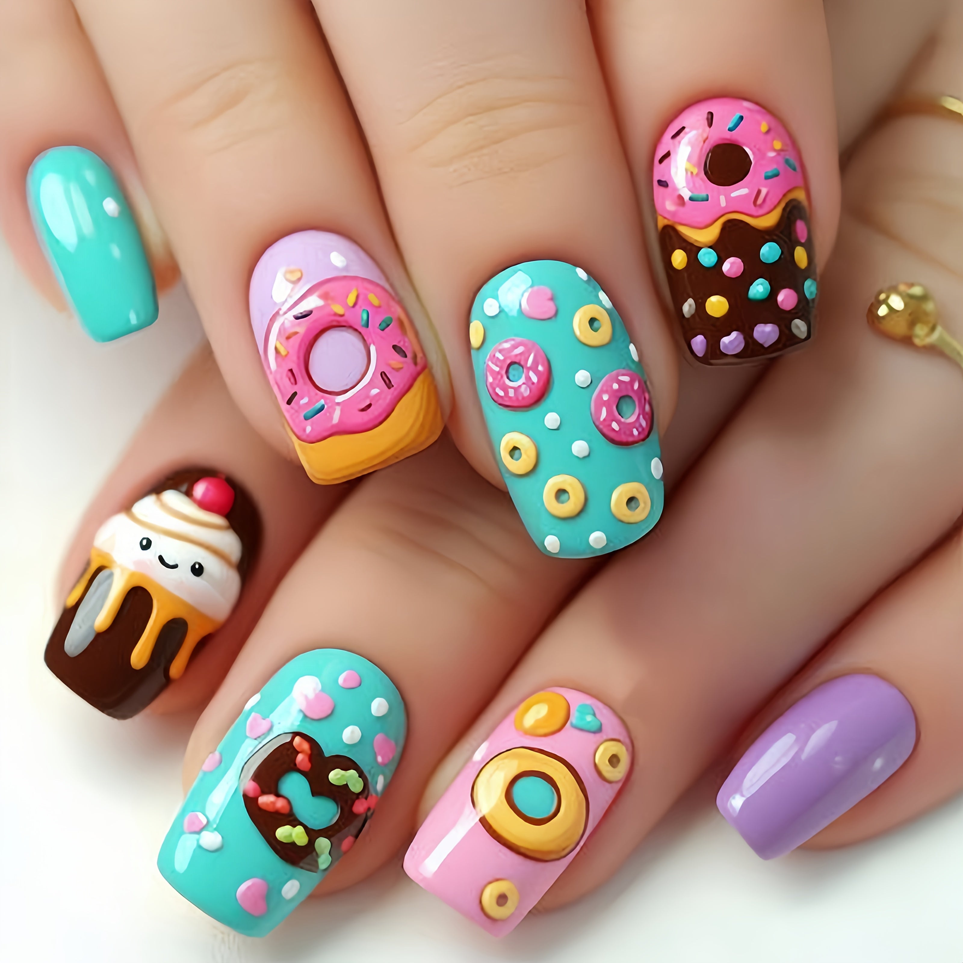 TEMU 24pcs Set Of Cute Donut & Cupcake Themed Nail Stickers - Removable, Press-on, Glossy Finish, Perfect For , Nail Art Decor| Design|easy