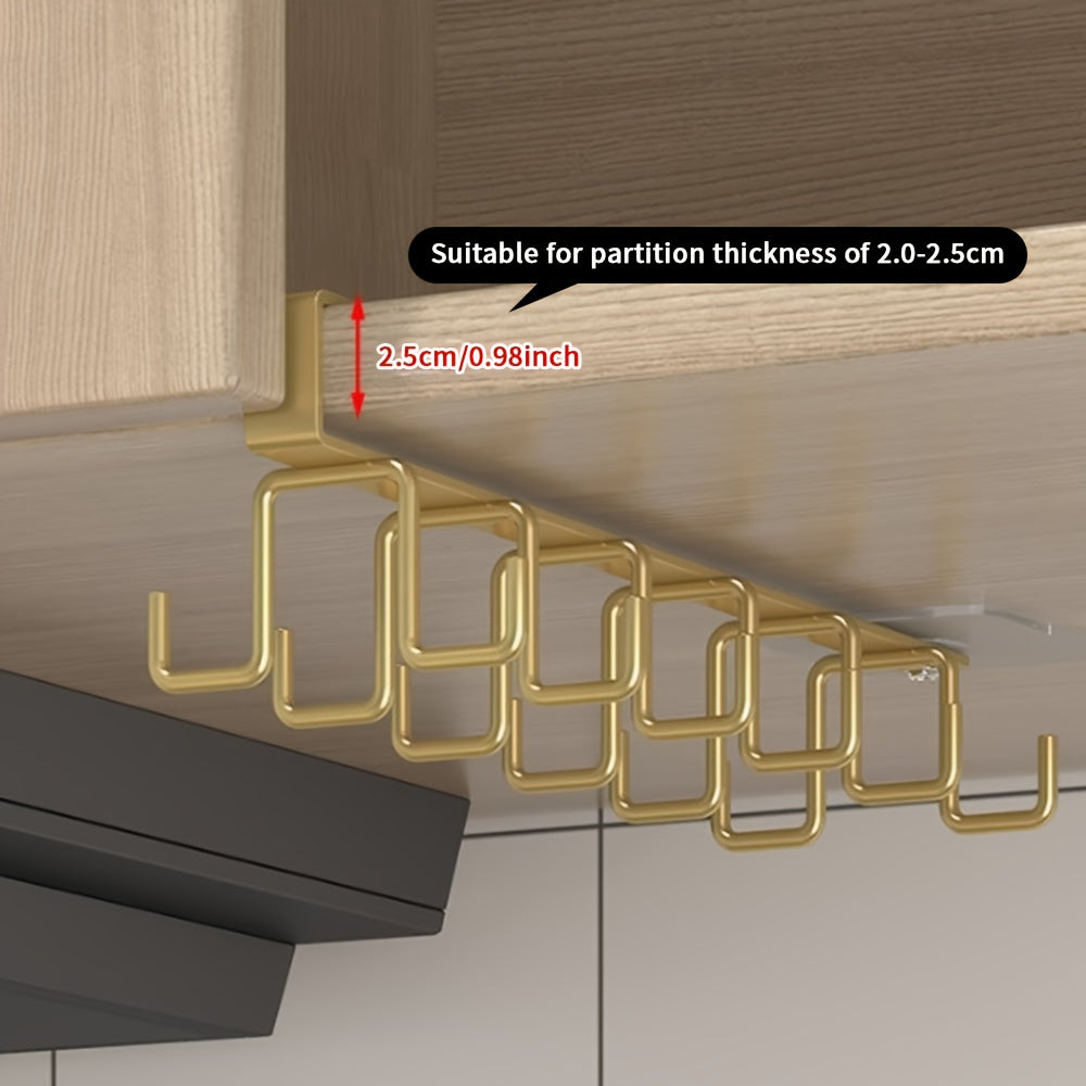 TEMU Double Row Mug Hooks Under Cabinet – No Drilling Required, Golden-tone Kitchen Storage Organizer For Coffee Cups, Utensils, Ties, And Keys,